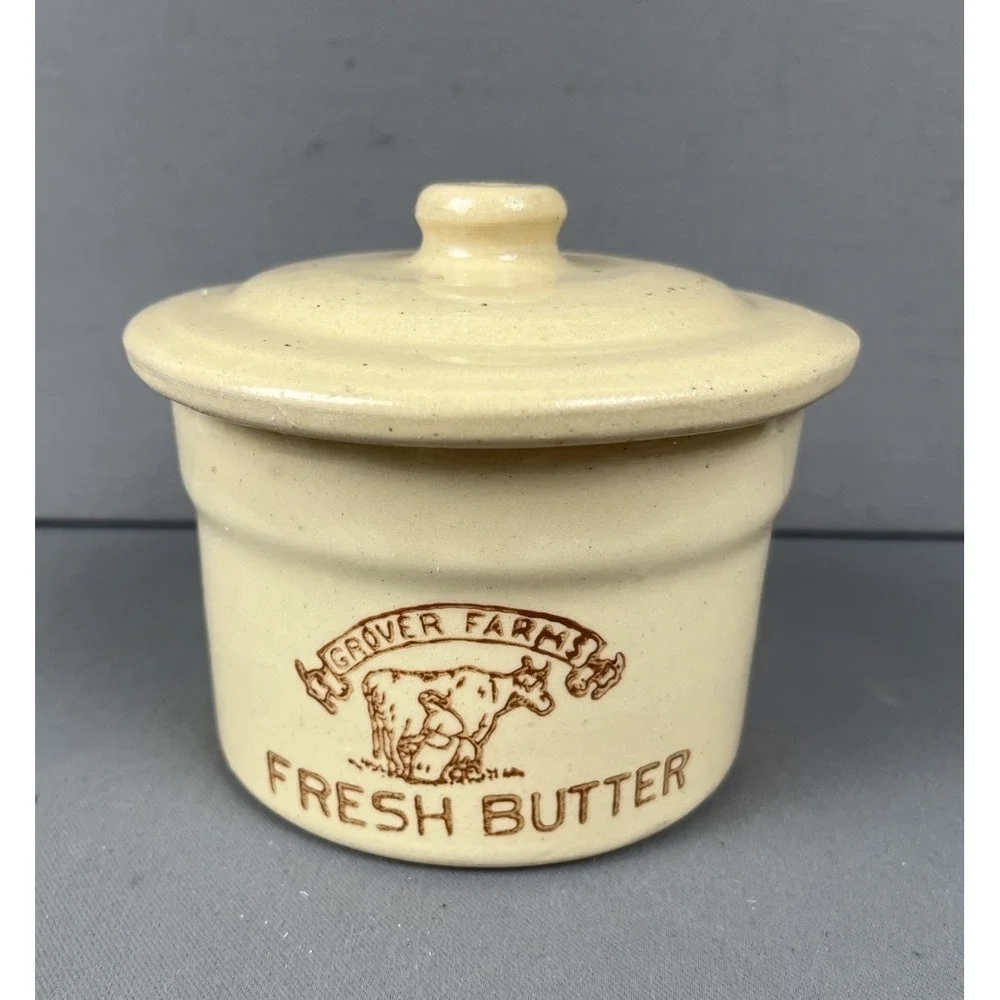 Grover Farms Fresh Butter‎  Vintage Pottery Crock Yellow Cow Advertising